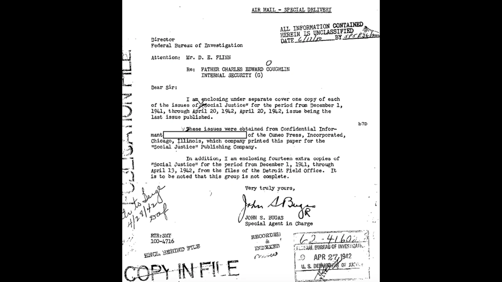 A letter from John Bugas to his FBI superiors reporting on Father Charles Coughlin, who started preaching antisemitic messages during his broadcasts and was suspected of being a Nazi sympathizer in World War II.