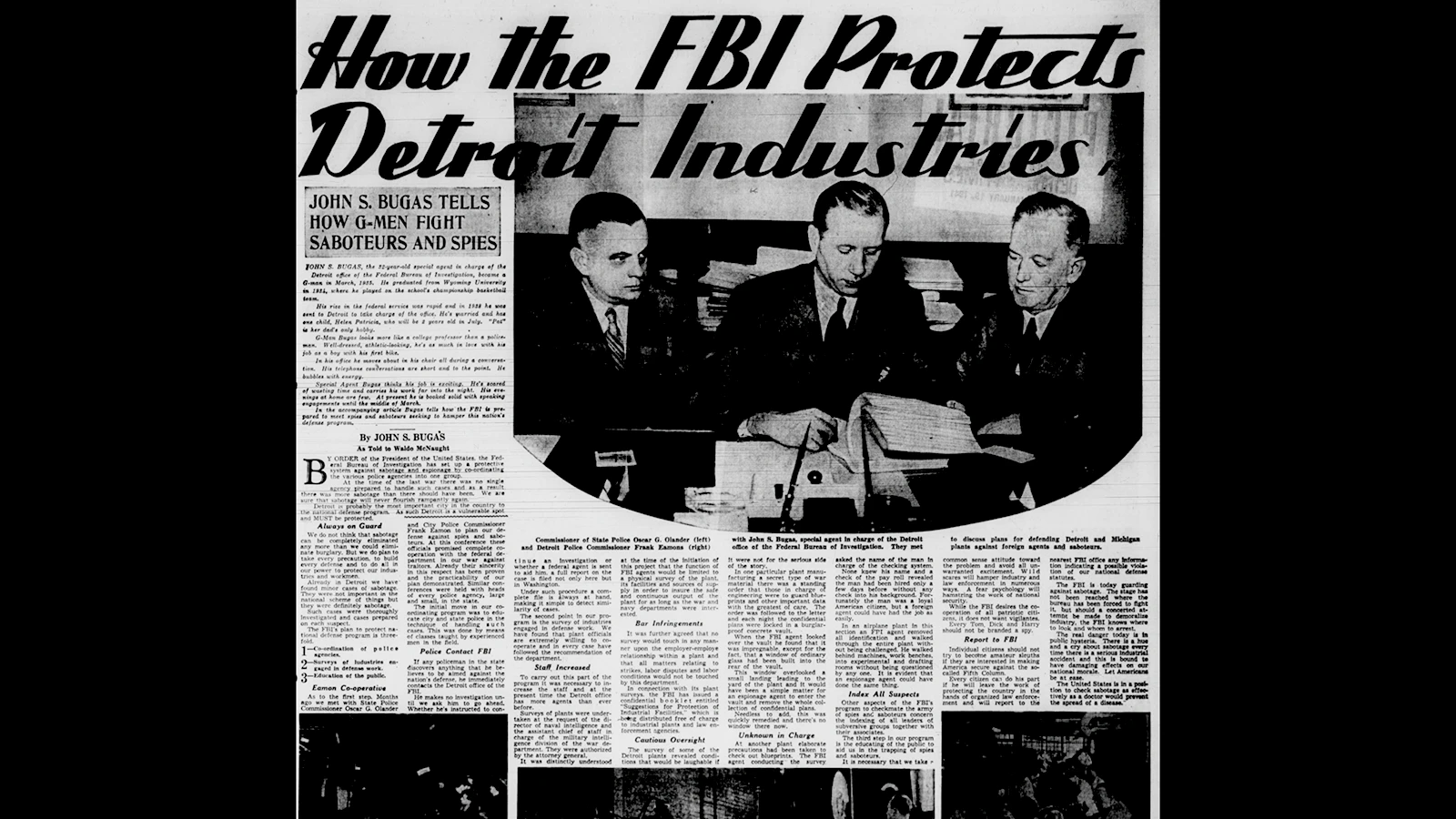 The Detroit Evening Times on Jan 19, 1941 did a profile on the FBI’s work in Detroit to protect FBI industries. John Bugas is in center of photo.