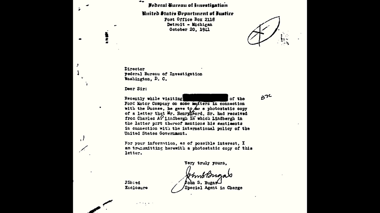 A letter from John Bugas, the special agent in charge in Detroit, to FBI Director J. Edgar Hoover about a Charles Lindbergh letter to Henry Ford.