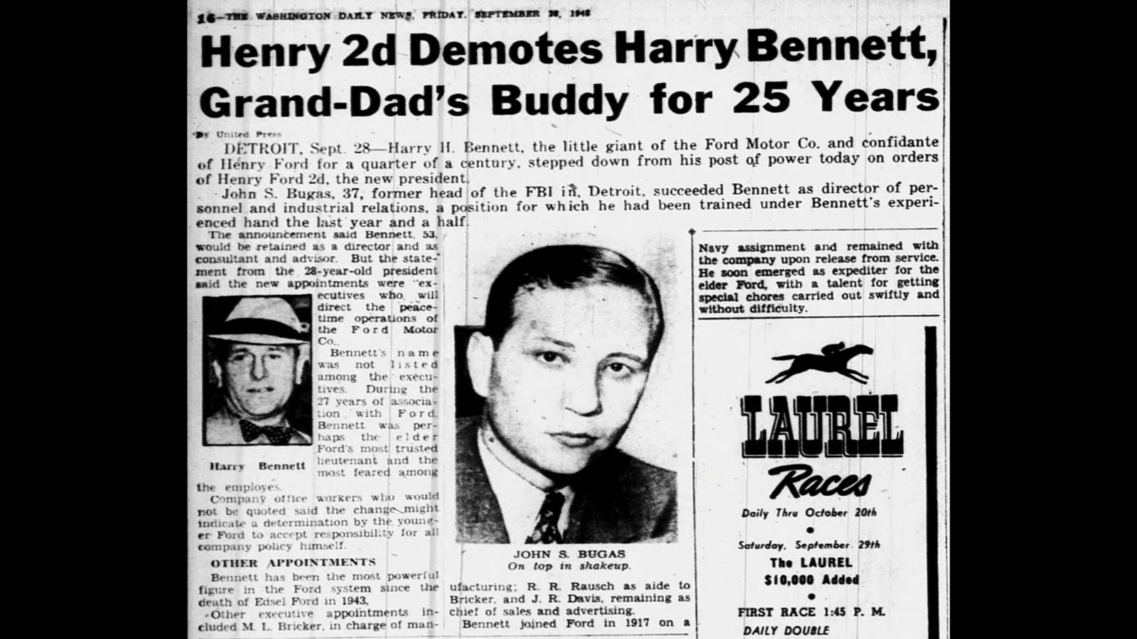 The Washington Daily News was among the newspapers across the country that reported Harry Bennett’s ouster from Ford and John Bugas replacing him.