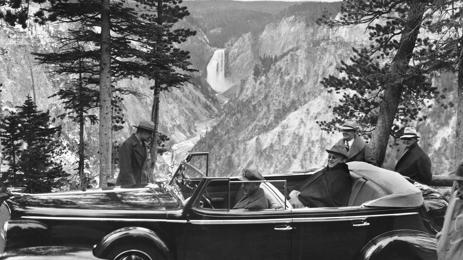 President Franklin Roosevelt visits the Grand Canyon of the Yellowstone during a tour of the Western states in 1937.