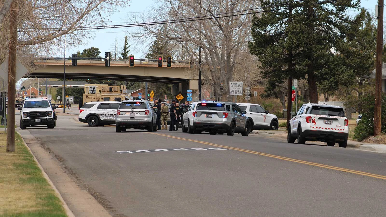 A suspicious package left near Gate 1 at F.E. Warren Air Force Base on Thursday, April 16, 2026, prompted an evacuation of nearby homes and the Wyoming State Capitol. “They came in and whispered in the governor’s ear,” then cleared the building.