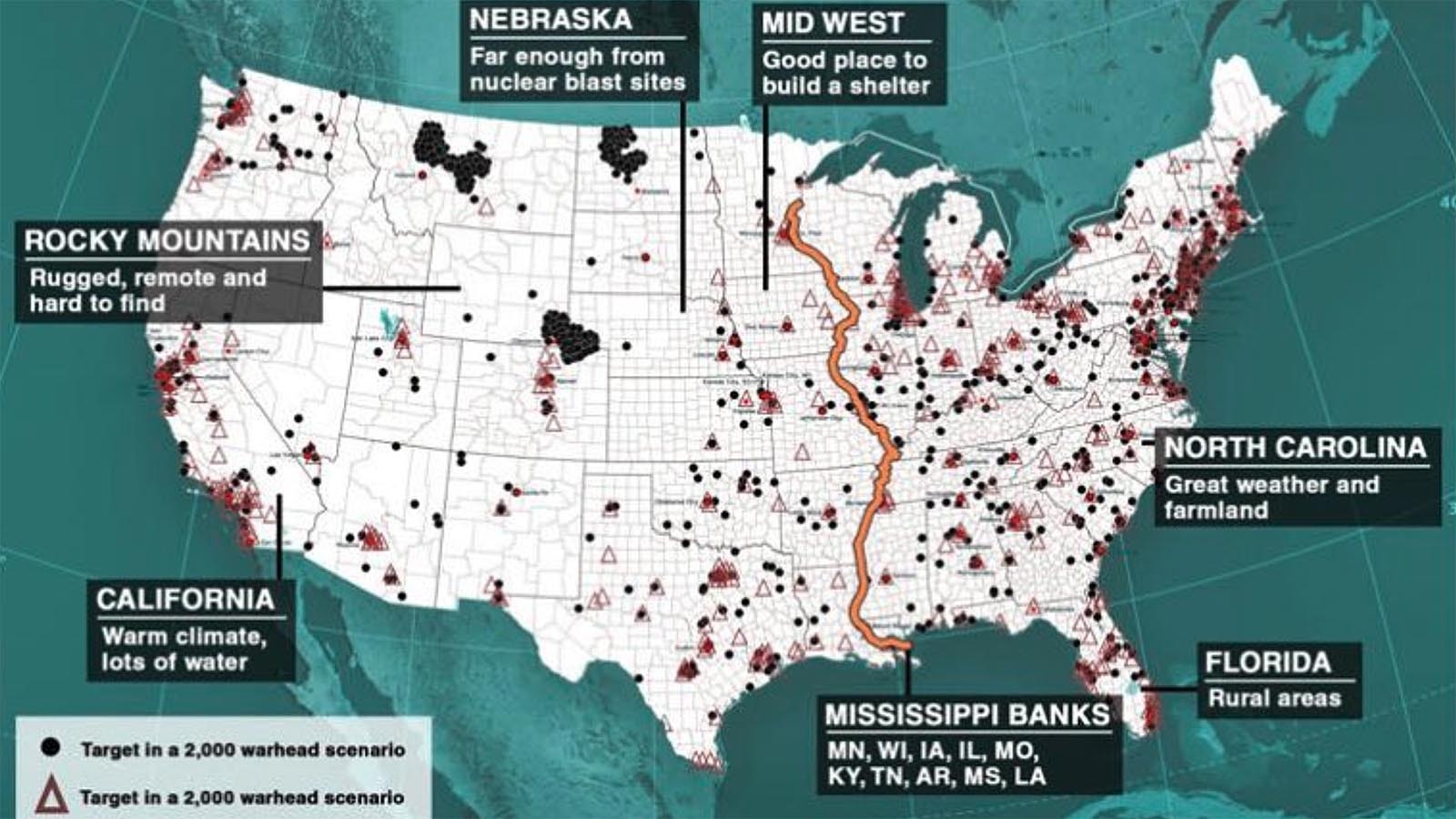 This map from the Federalo Emergency Management Agency shows places where people can buy homes to avoid the impacts of nuclear war, as much as that's possible. Much of Wyoming is clear, except Cheyenne and the southeast corner of the state, which would likely be vaporized.