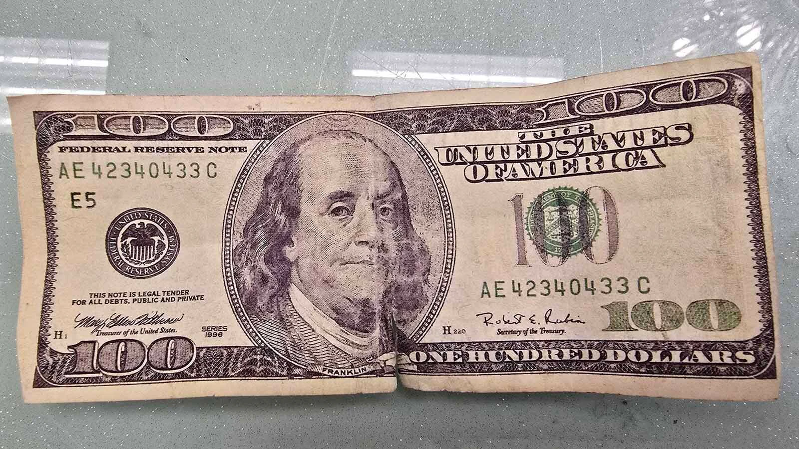 A photograph of a counterfeit 10 bill someone tried to pass off as real at Twinkle, Twinkle Little Store in Cheyenne.