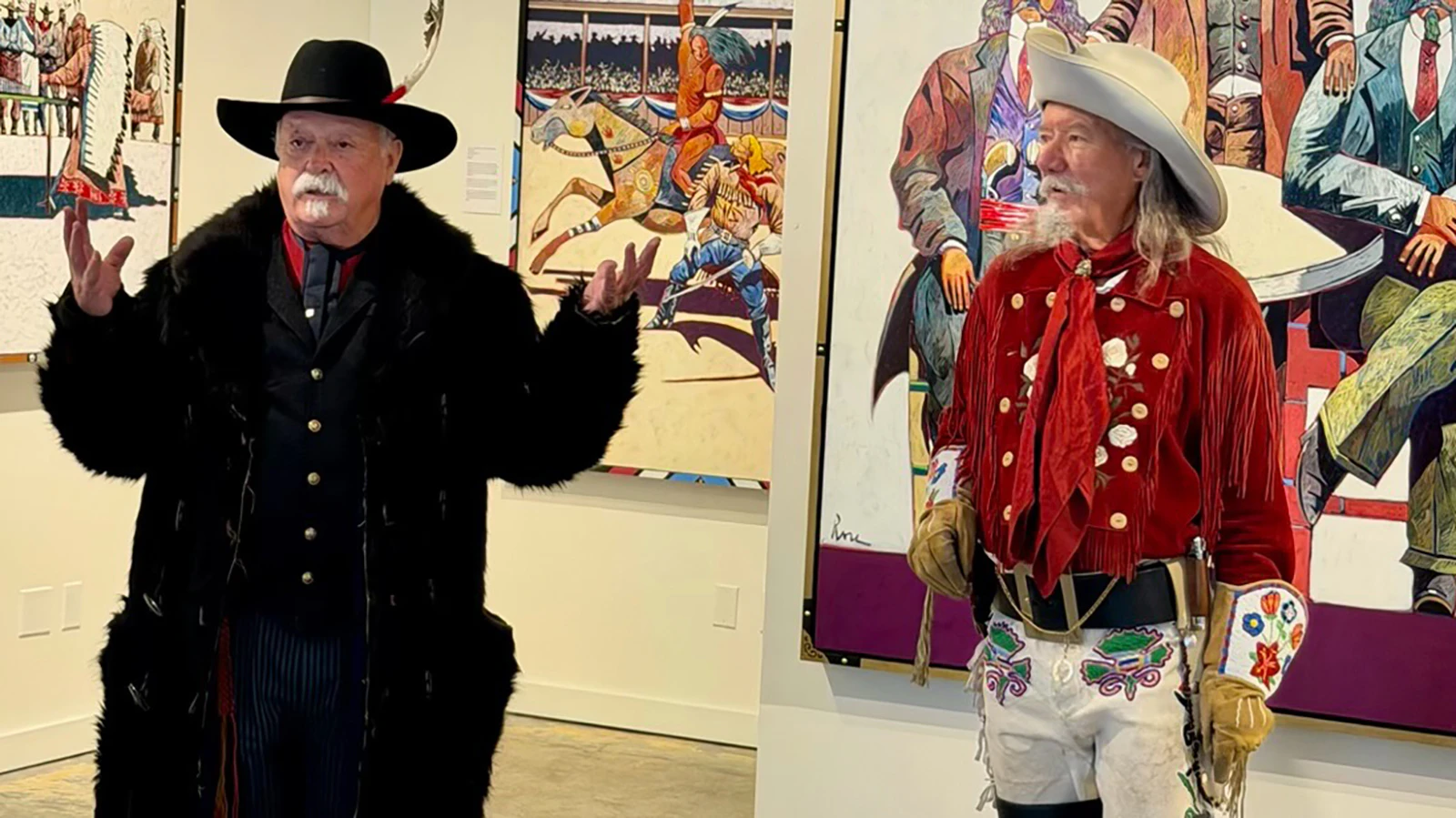 Artist Thom Ross in his bearskin coat at a show about Buffalo Bill Cody's Wild West Show with friend and Buffalo Bill reenactor Ralph Melfi.