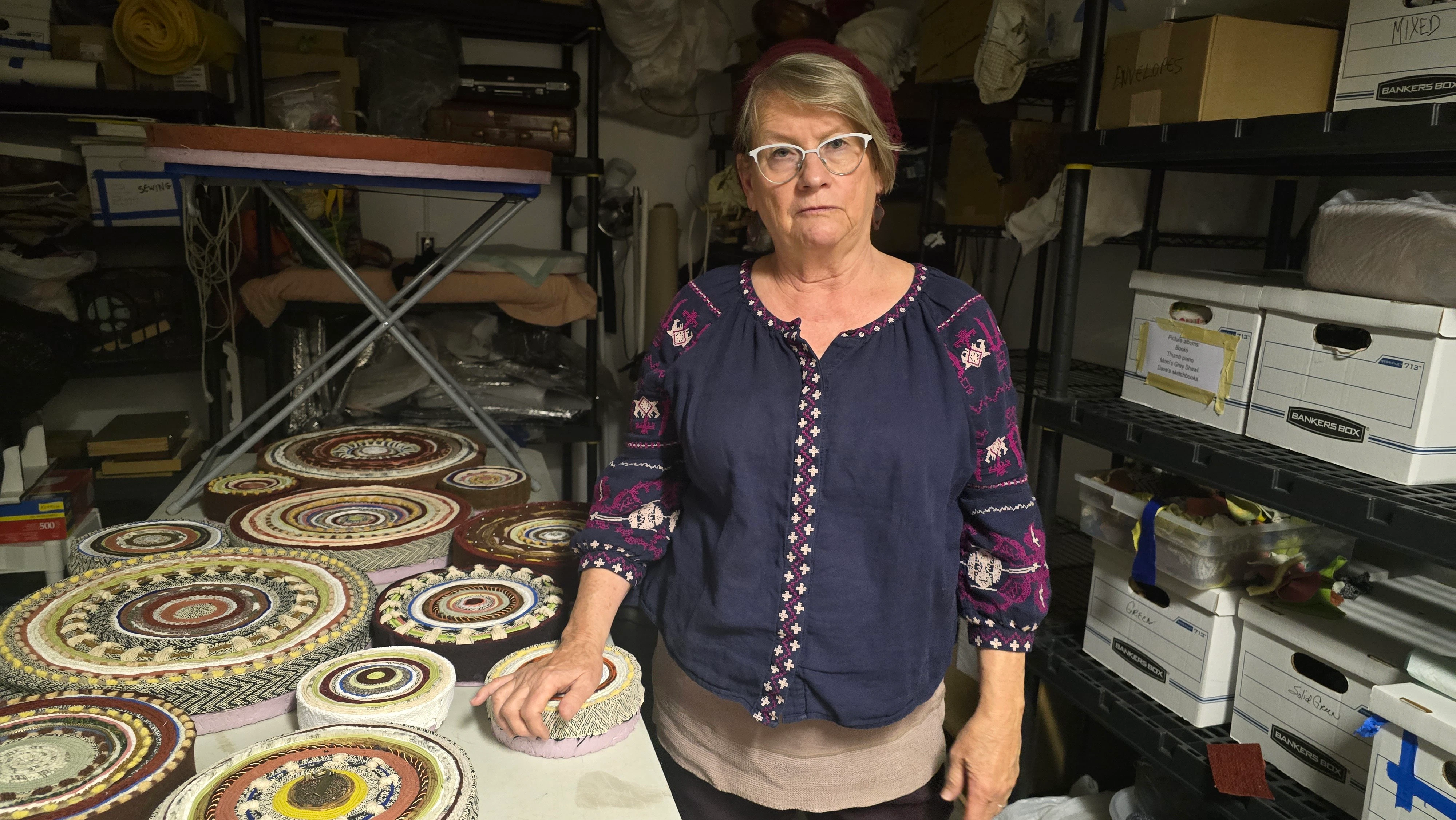 Artist georgia Rowswell creates textured Western landscapes using textile fabrics. She believes artists will find ways to protect themselves from bad uses of AI.