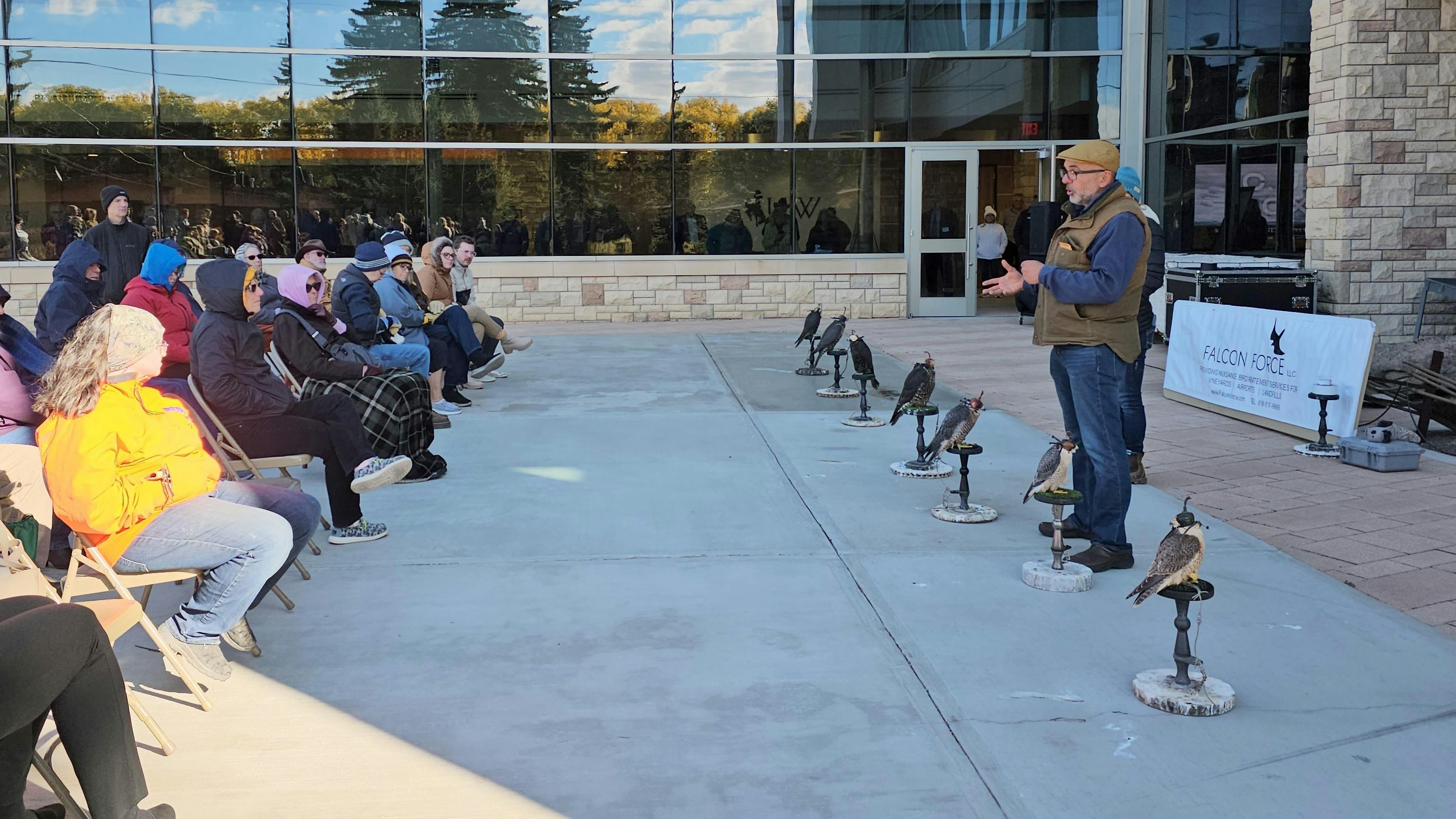 Vahé Alaverdian talks about his falcons with a small audience in Laramie, at the University of Wyoming.