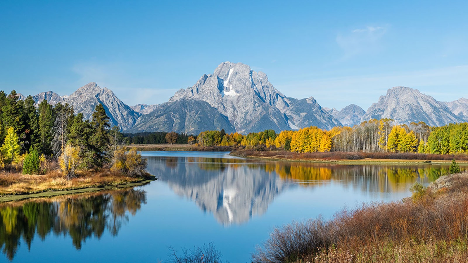Oxbow Bend of the Snake River reflecting Mount Moran is a favorite spot for photographers to get shots of Wyoming's fall colors.