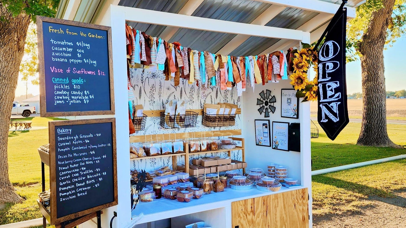 In the fall, a side shelf was added called the Jam Stand which includes a variety of canned items.