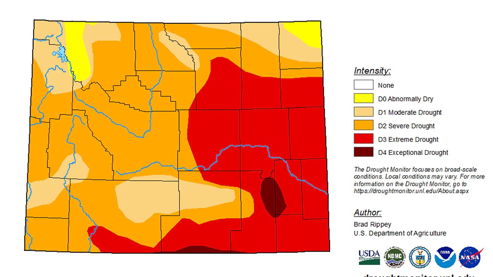 A large swath of Wyoming is either in severe or extreme drought.