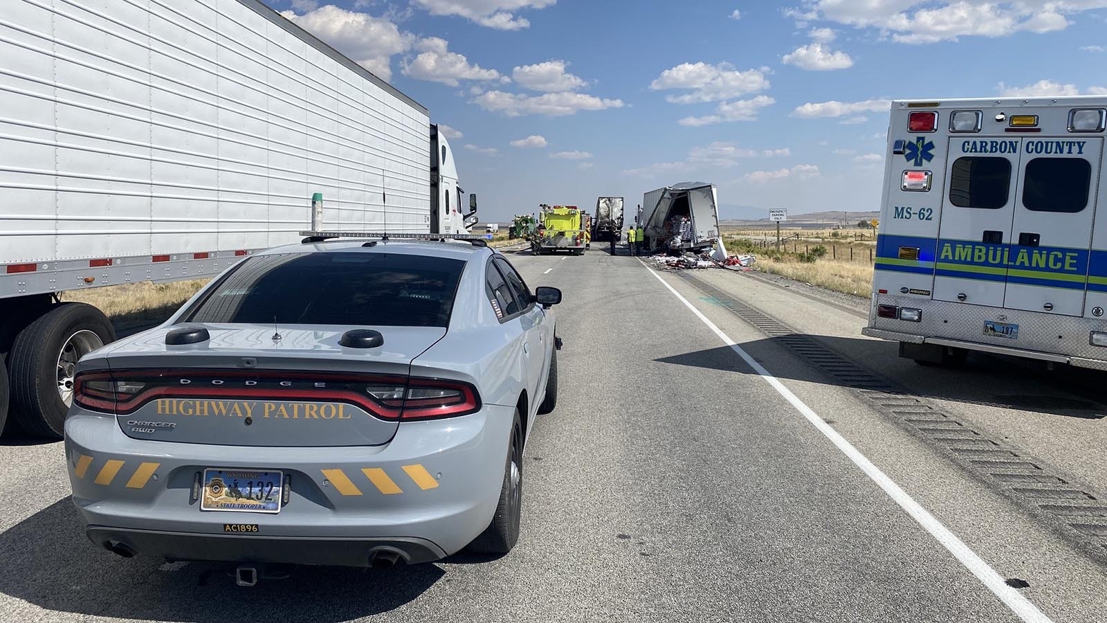 Eastbound Interstate 80 at milepost 223 is closed after two semitrailers crashed Saturday morning.