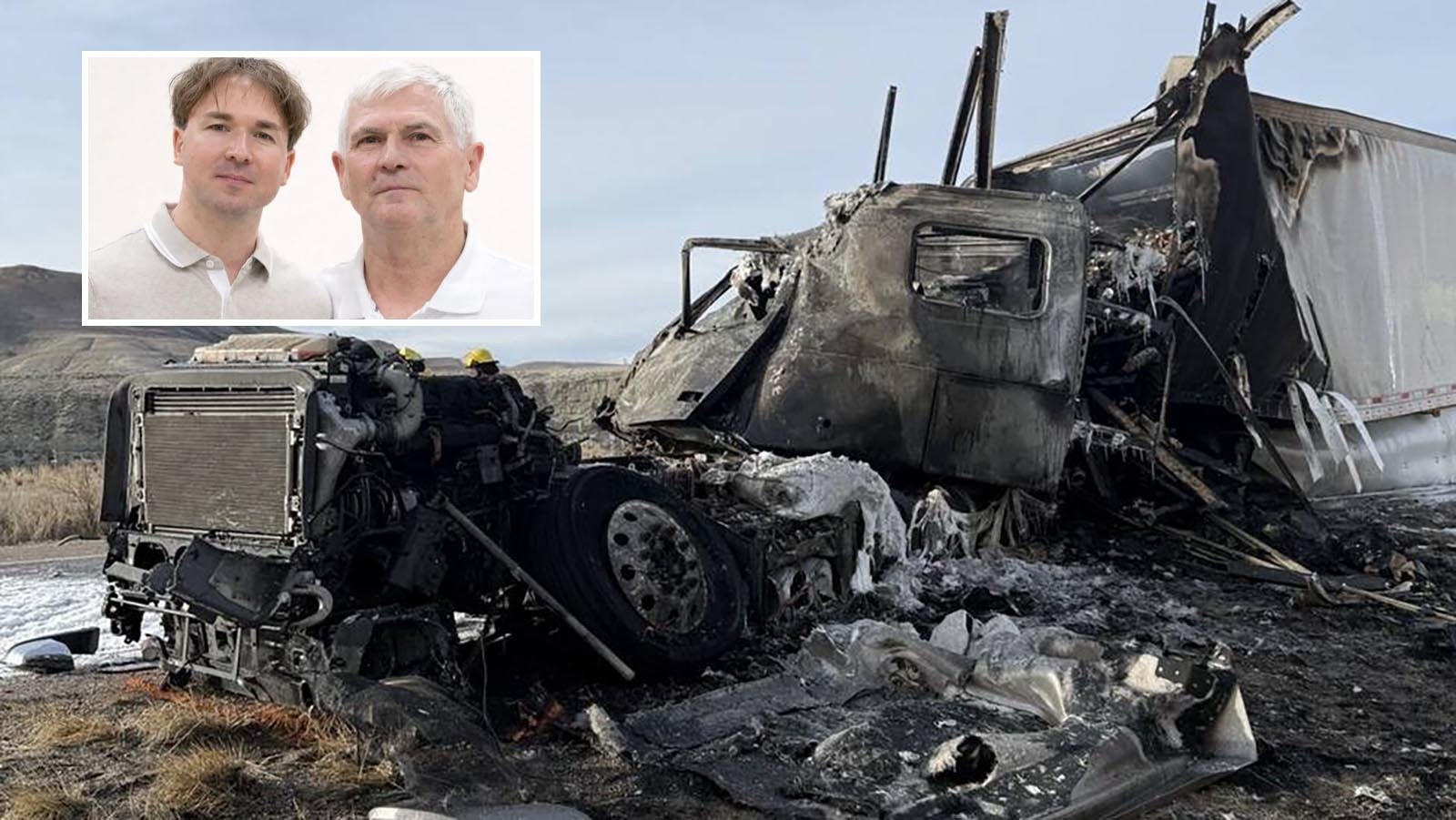 The two men killed Sunday when their semitrailer exploded on impact with another semi on I-80 near Green River were identified Wednesday as the father-son driving duo of Aleksey Fadun, 36, and Volodymyr Fadun, 74. They collided with another semi that was illegally parked on the interstate.
