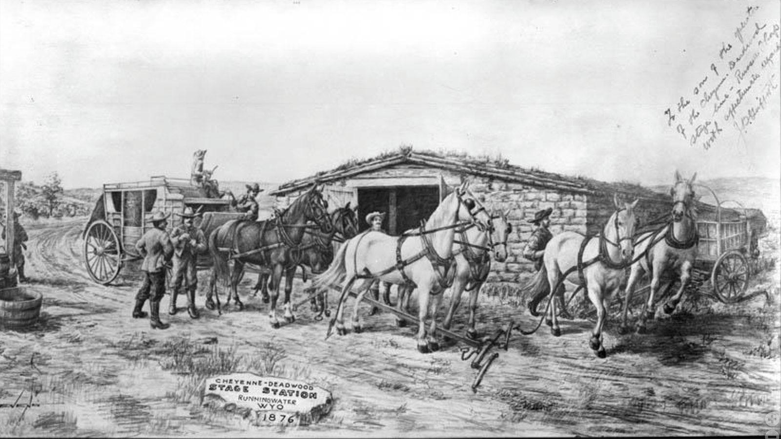George Lathrop was a stage driver along the Cheyenne and Deadwood and shared many stories of the characters along the route with his protege, Russell Thorp. One of these characters would have been Mother Featherlegs who ran a roadhouse and was murdered in 1879.