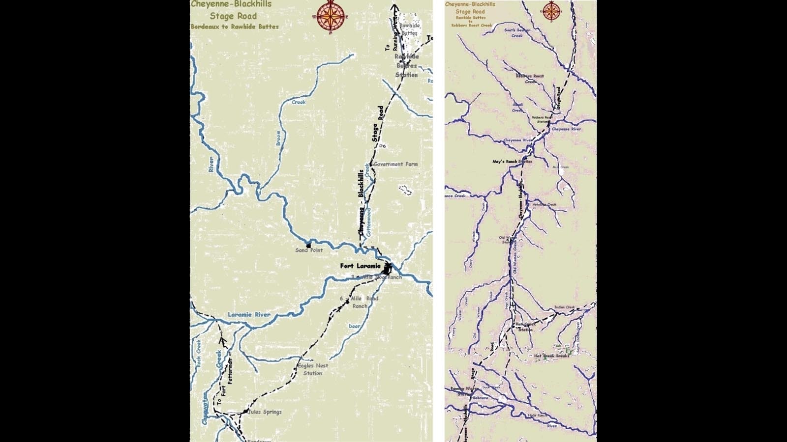 The Deadwood Cheyenne Stagecoach route included stops about every 12 miles to rest the horses. Mother Featherlegs ran the roadhouse in Raw Hide Buttes before her murder in 1879.