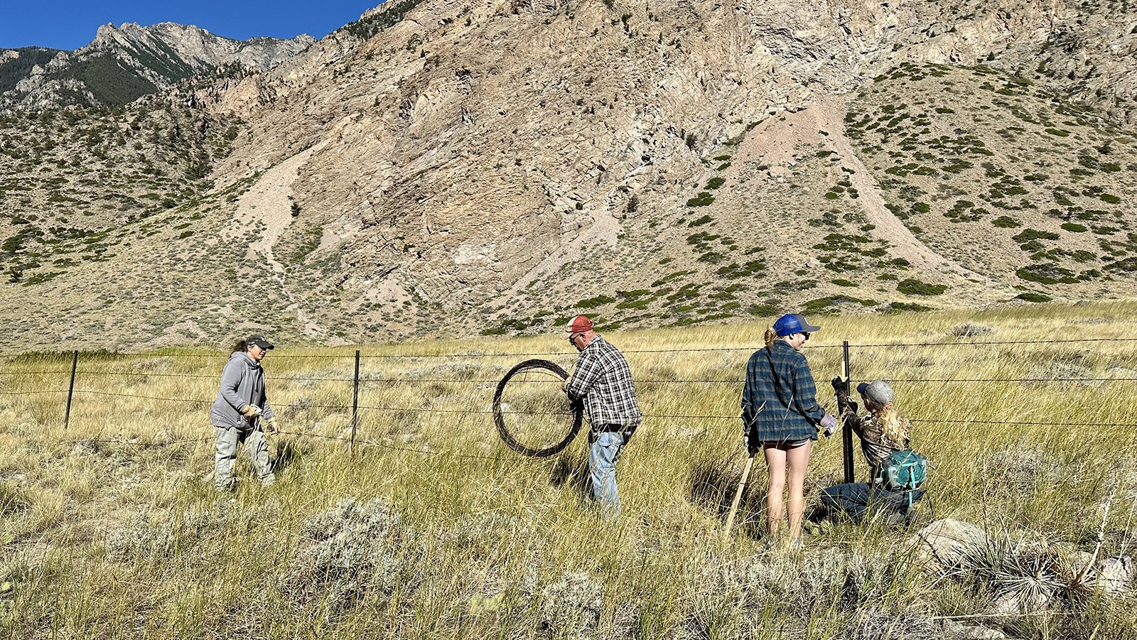 A spool of wire is moved along the existing fence line in the Clarks Fork Canyon. The Absaroka Fence Initiative is a community-driven collaboration of many local agencies that have pooled their funding, resources, and people to make the greatest impact on wildlife migrations in the region.