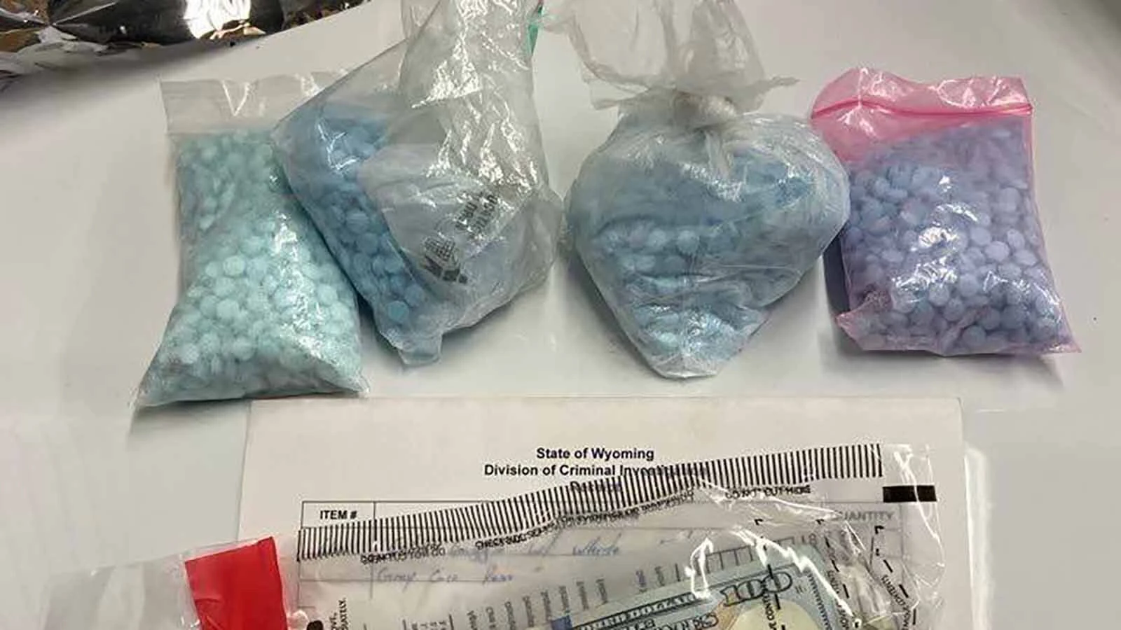 A stash of illegal fentanyl siezed during a 2024 Wyoming Highway Patrol stop in Wyoming.
