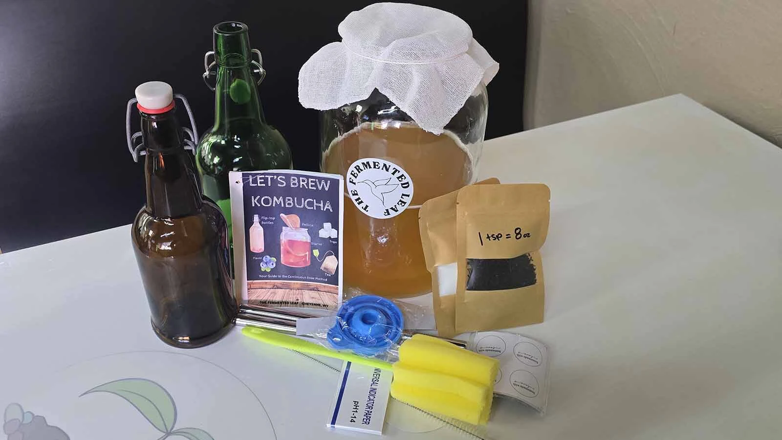 A Kombucha kit, including some starter, for making one's own fermented soda using tea and sugar.