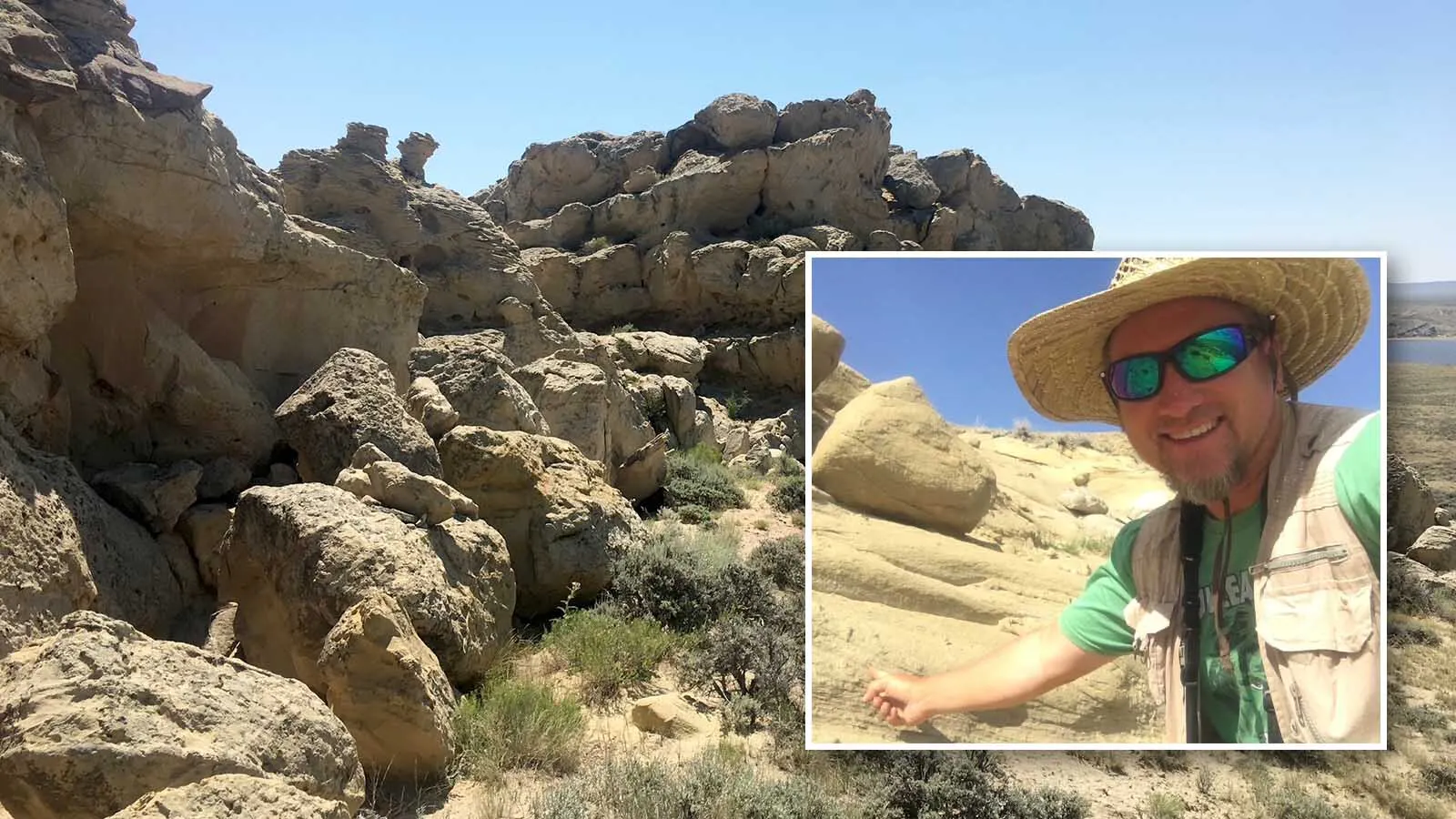 Outcrops of the Ferris Formation near Seminoe Reservoir in Carbon County. These rocks preserve fossil fragments of dinosaurs, crocodiles, turtles, snakes, and other animals that lived in the "latest Cretaceous" of Wyoming, no more than one million years before the Cretaceous-Paleogene extinction event that killed 75% of life on Earth.