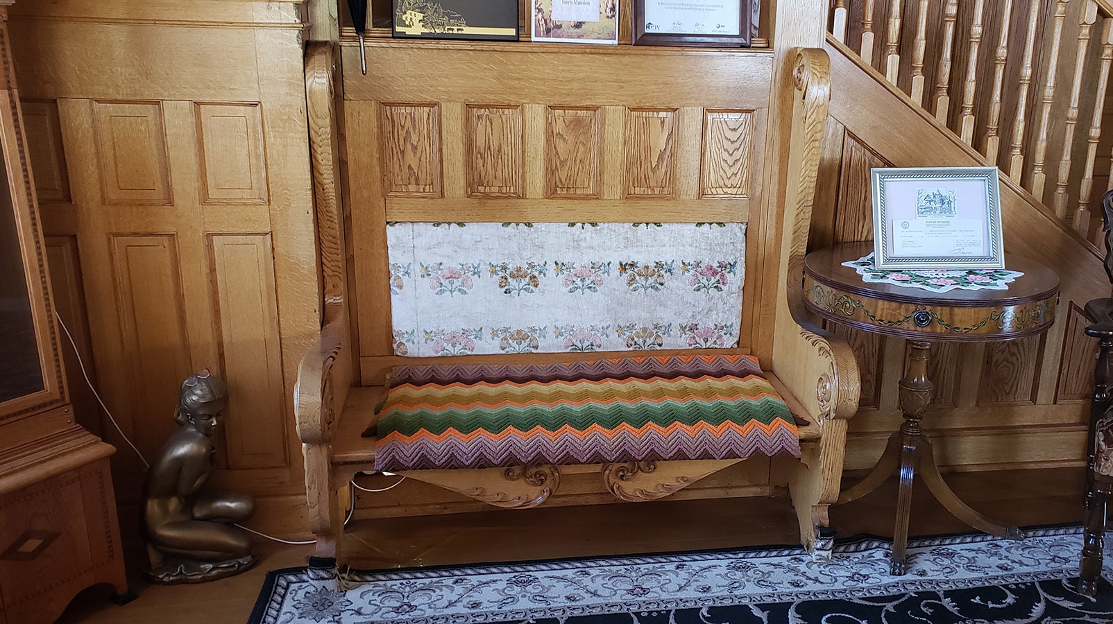 A built-in bench in the entryway of the Ferris Mansion in Rawlins.