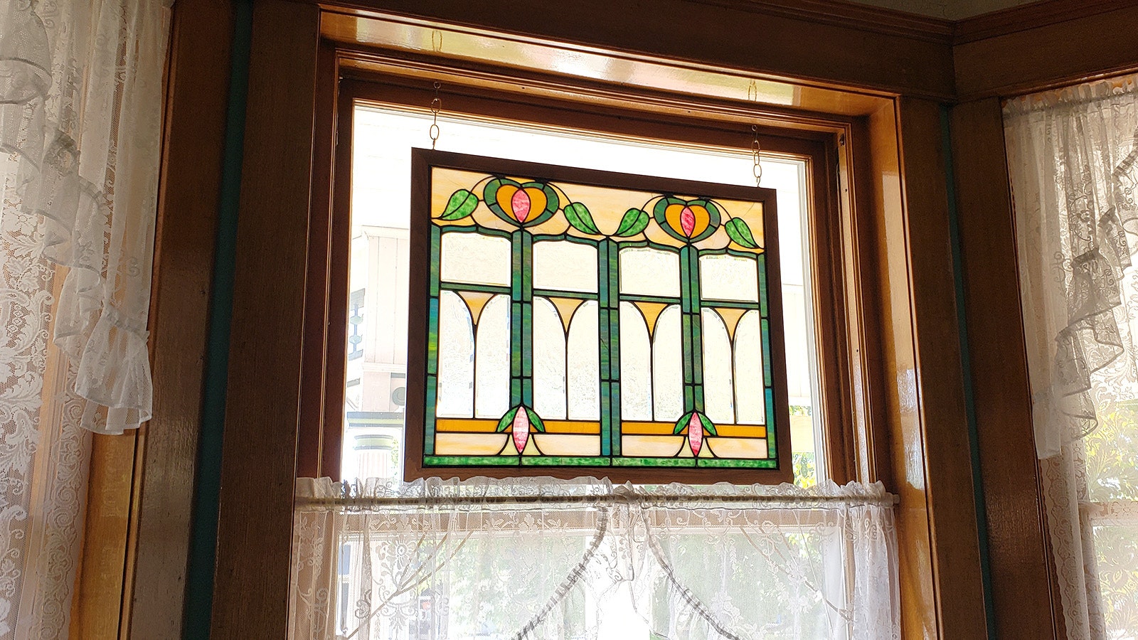 An original stained-glass window in the Ferris mansion.