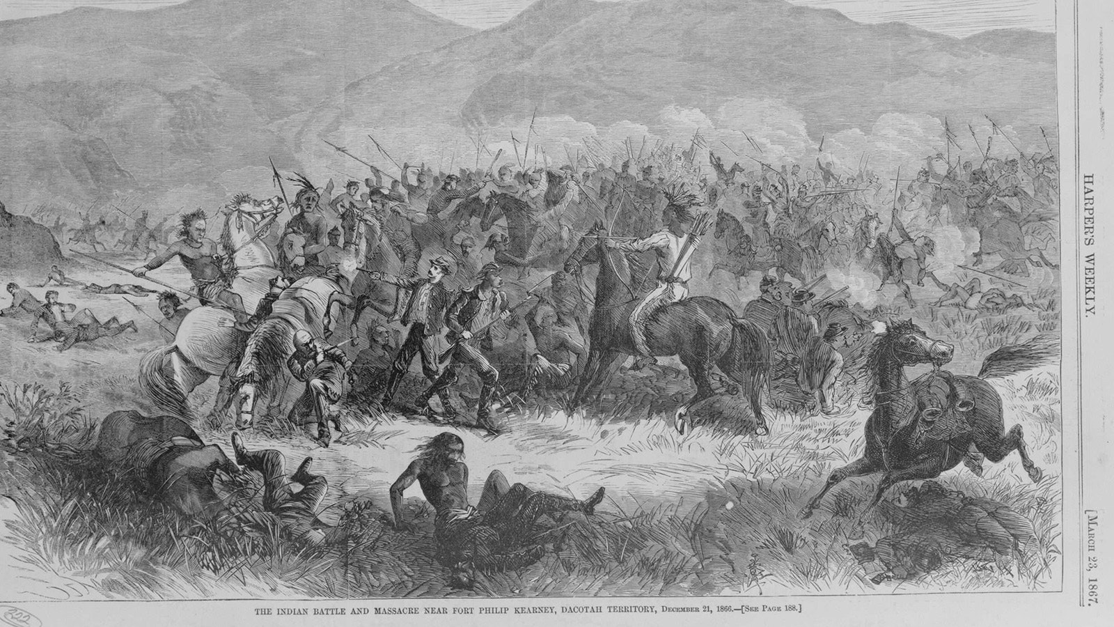 An illustration depicting Fetterman's Massacre that was printed in Harper's Weekly on March 23, 1867. The battle was Dec. 21, 1866.