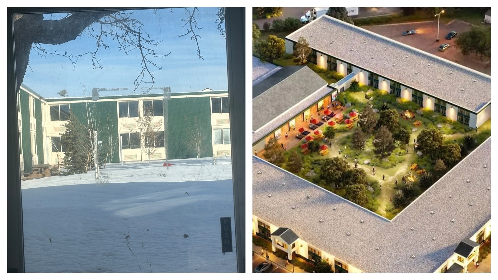 Before and after images of the backyard at the new Field & Stream Lodge in Bozeman, Montana.