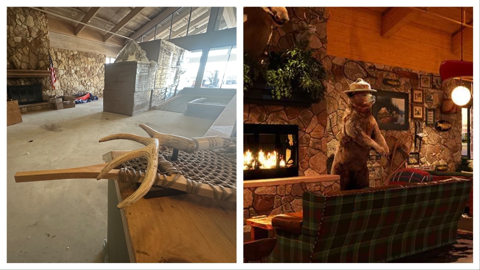 Before and after images of the great room at the new Field & Stream Lodge in Bozeman, Montana.