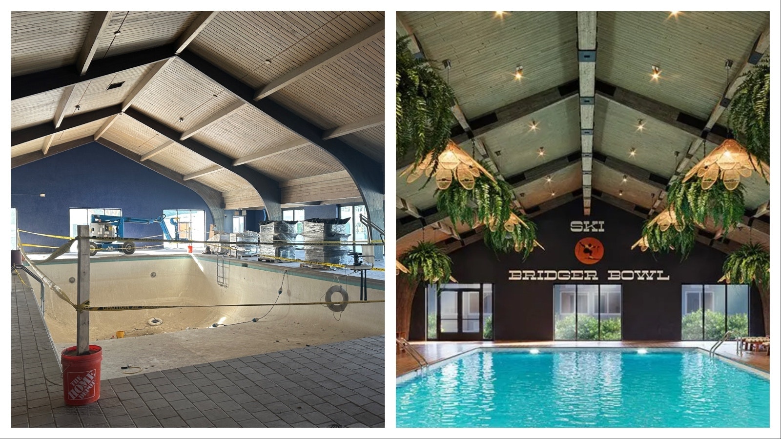 Before and after images of the indoor pool at the new Field & Stream Lodge in Bozeman, Montana.