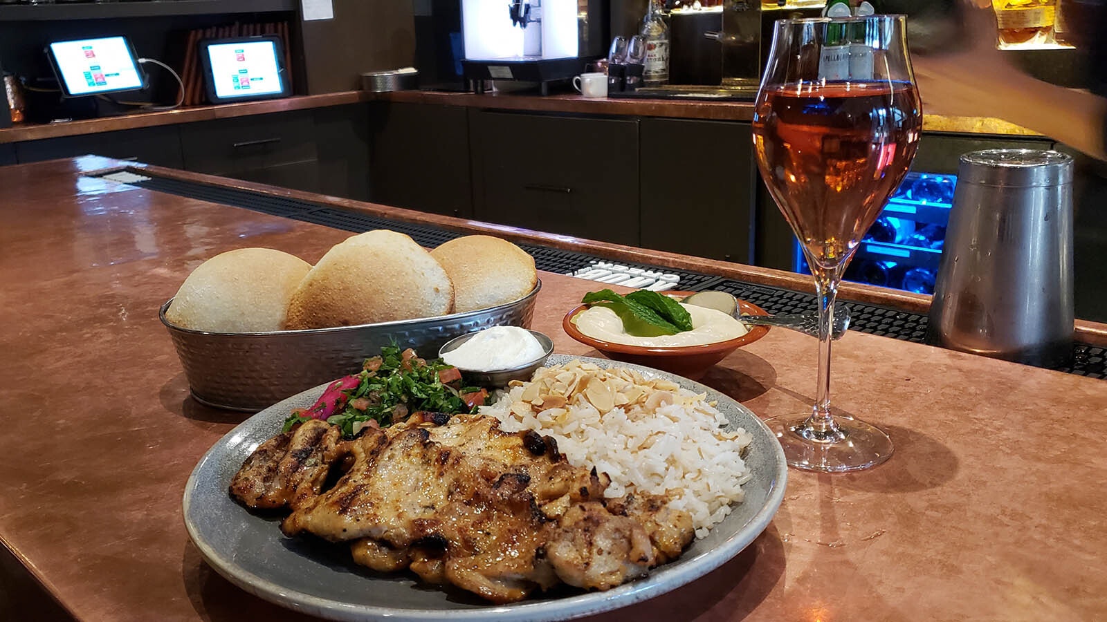 The chicken is delectable cooked just long enough, but not so long it's not tender any more. Served with rice pilaf and the requisite dish of hummus and balloon bread, without which no Figs trip is complete.