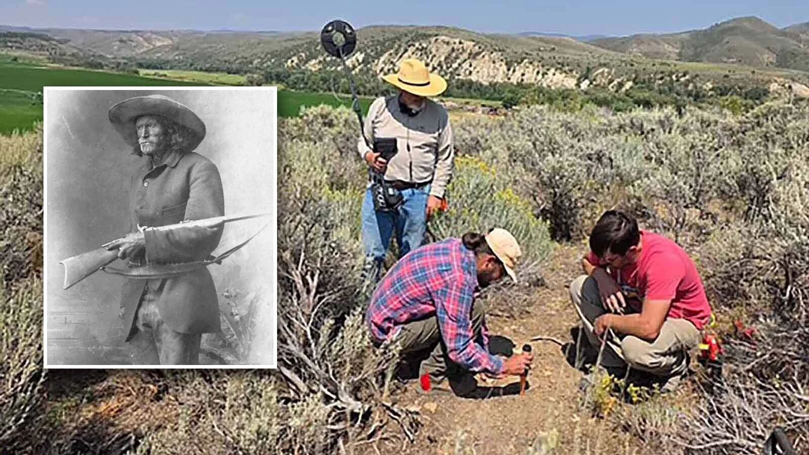 Dennis Faerber, standing, watches archaelogists work at the Ladder Ranch during efforts to find the long-lost Jim Baker battle site. Inset is a portrait of Baker, circa 1876.