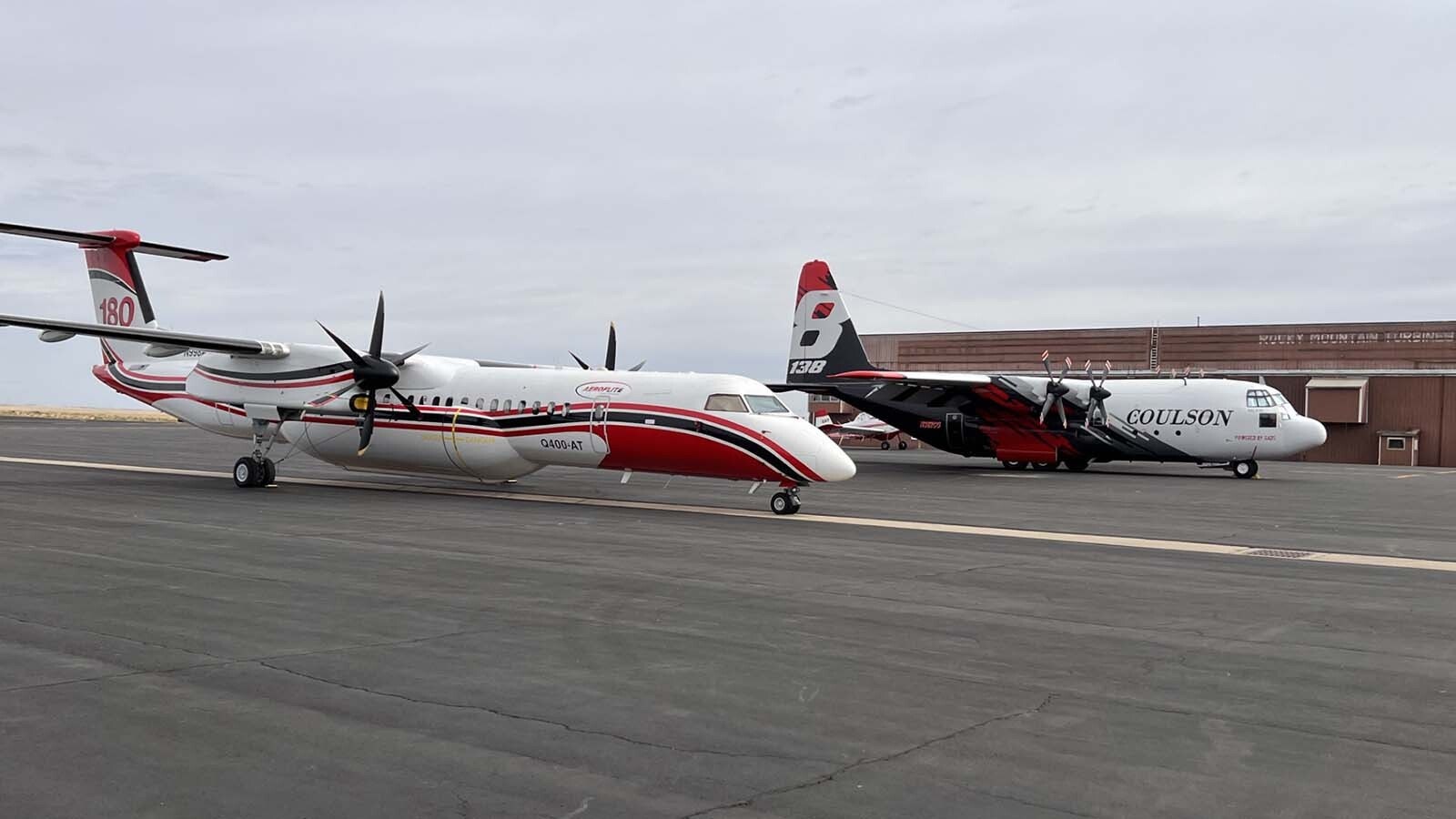 A pair of large air tankers at the Casper airport, two of seven operating out of its fire slurry hub.