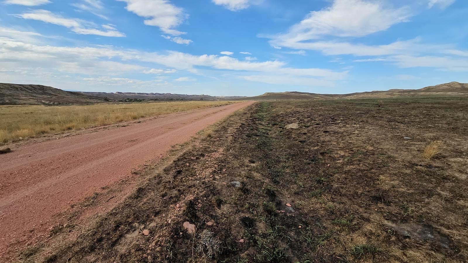 A red scoria road helped serve as a fire break, with burned pasture on one side, and saved pasture on the other.