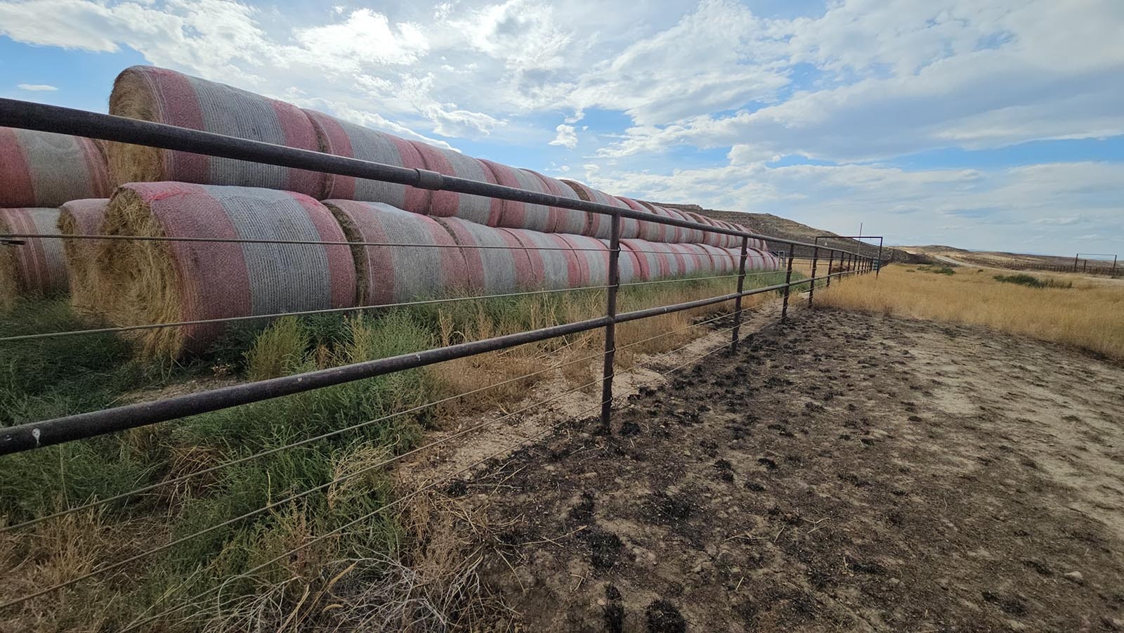 Fire burned right up to the edge of this hay pile, saving it. It's one of many things Belus was counting as a blessing.