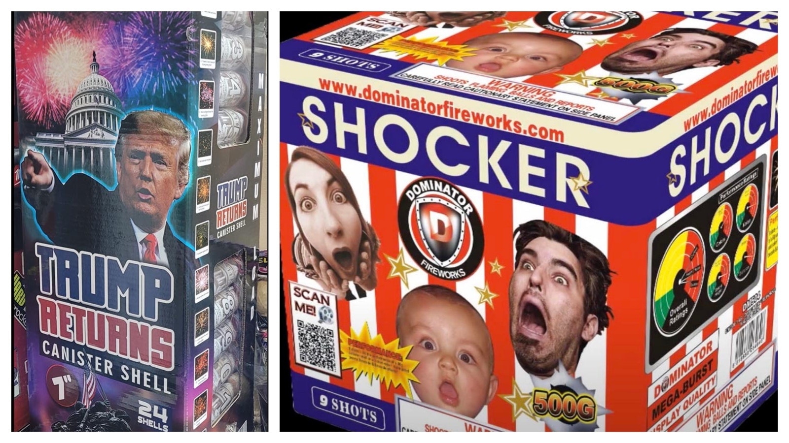 Left, Trump Returns is the top seller ahead of New Year’s Eve celebrations, according to Baachachik Fireworks in Hardin, Montana. Right, Ron Study, a 40-year fireworks veteran, recommends The Shocker.