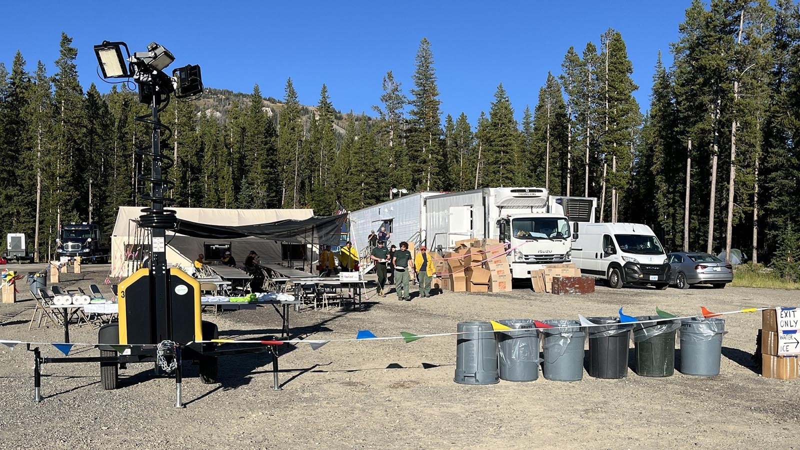 Fish Creek Fire Forwarding Operation Base, which is a temporary installation to help with tactical fire operations. It serves as a centralized location where firefighters and support personnel can effectively coordinate their efforts to extinguish the fire.