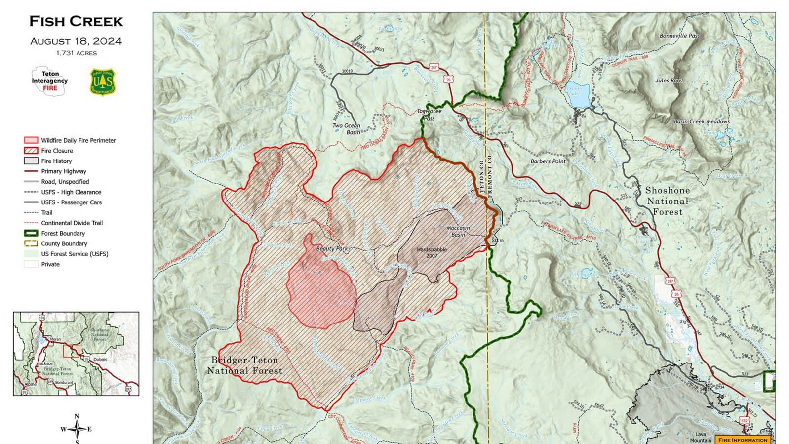 The Fish Creek Fire has burned more than 1,700 acres as of Monday afternoon and is 0% contained. It's burning in the Bridger-Teton Naitonal Forest about 7 miles southwest of Togwotee Pass.