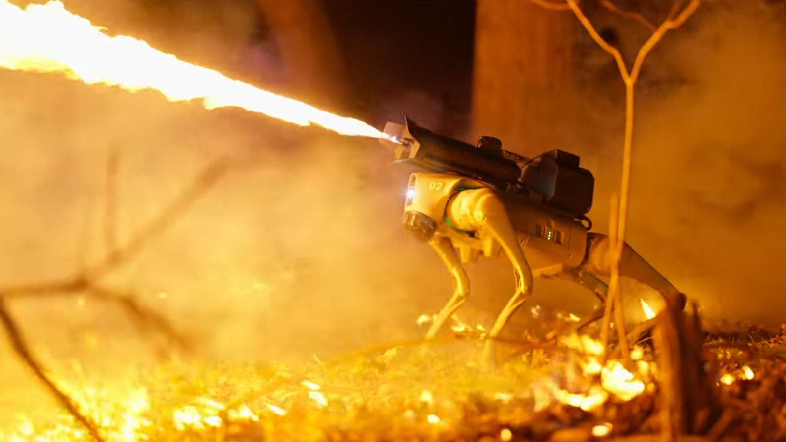 The newest creation of Throwflame is a robot dog with a laser-guided flamethrower mounted to it.