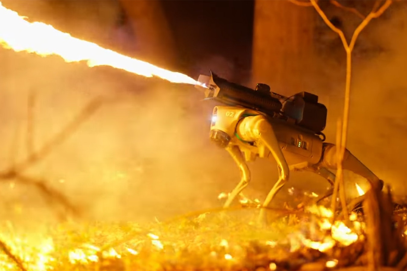 The newest creation of Throwflame is a robot dog with a laser-guided flamethrower mounted to it.