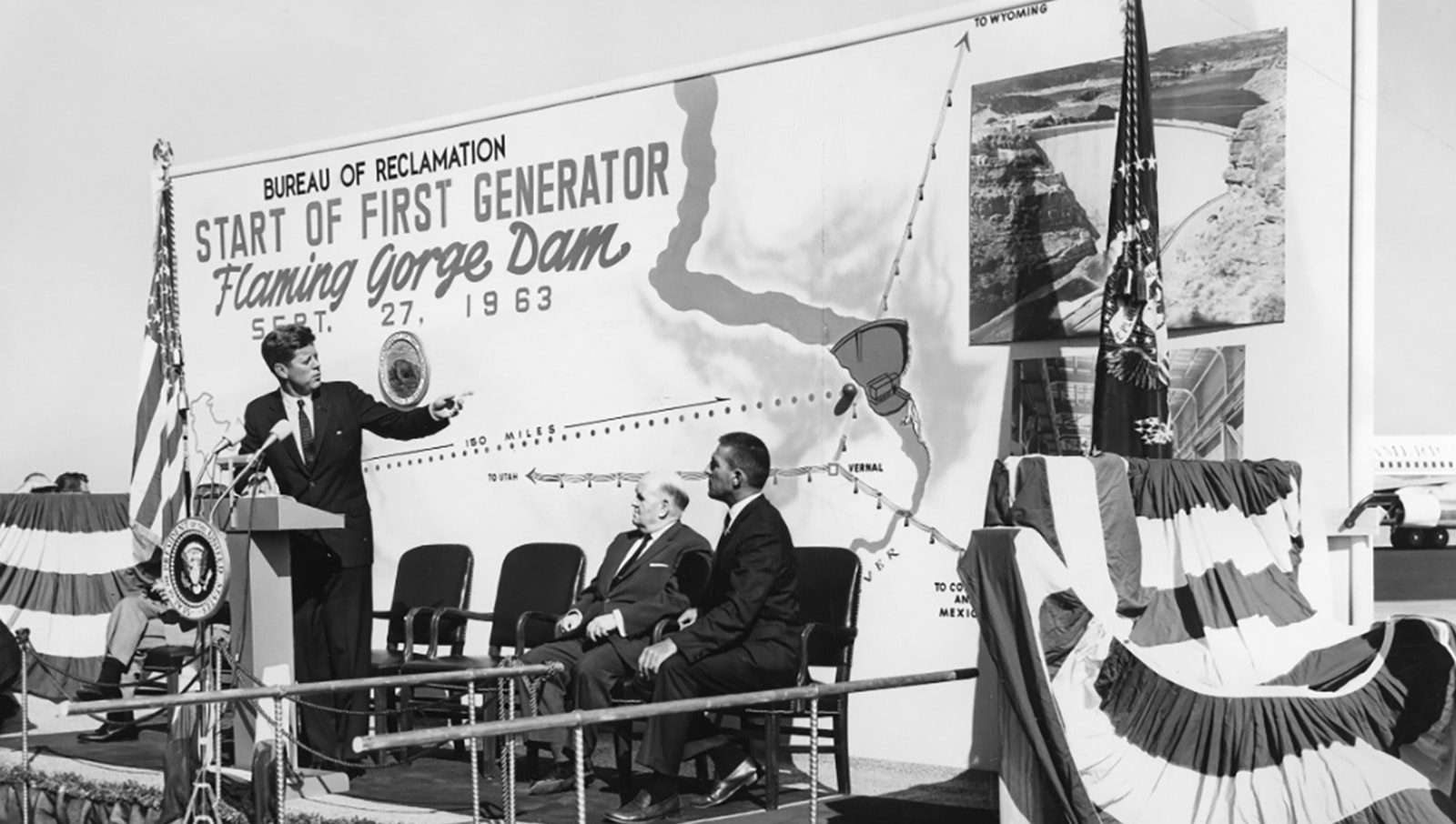 President John F. Kennedy speaks in Salt Lake City prior to activating power production at Flaming Gorge Dam on Sept. 27, 1963.