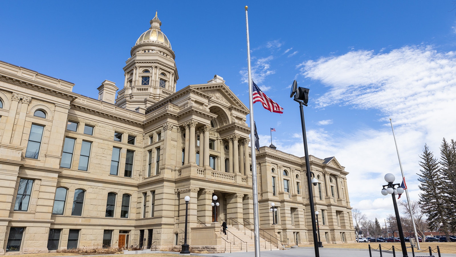 Flags at the Wyoming Capitol in Cheyenne are at half-staff in honor of Sheridan Police Sgt. Nevada Krinkee, who was shot and killed in the line of duty Feb. 13, 2024.