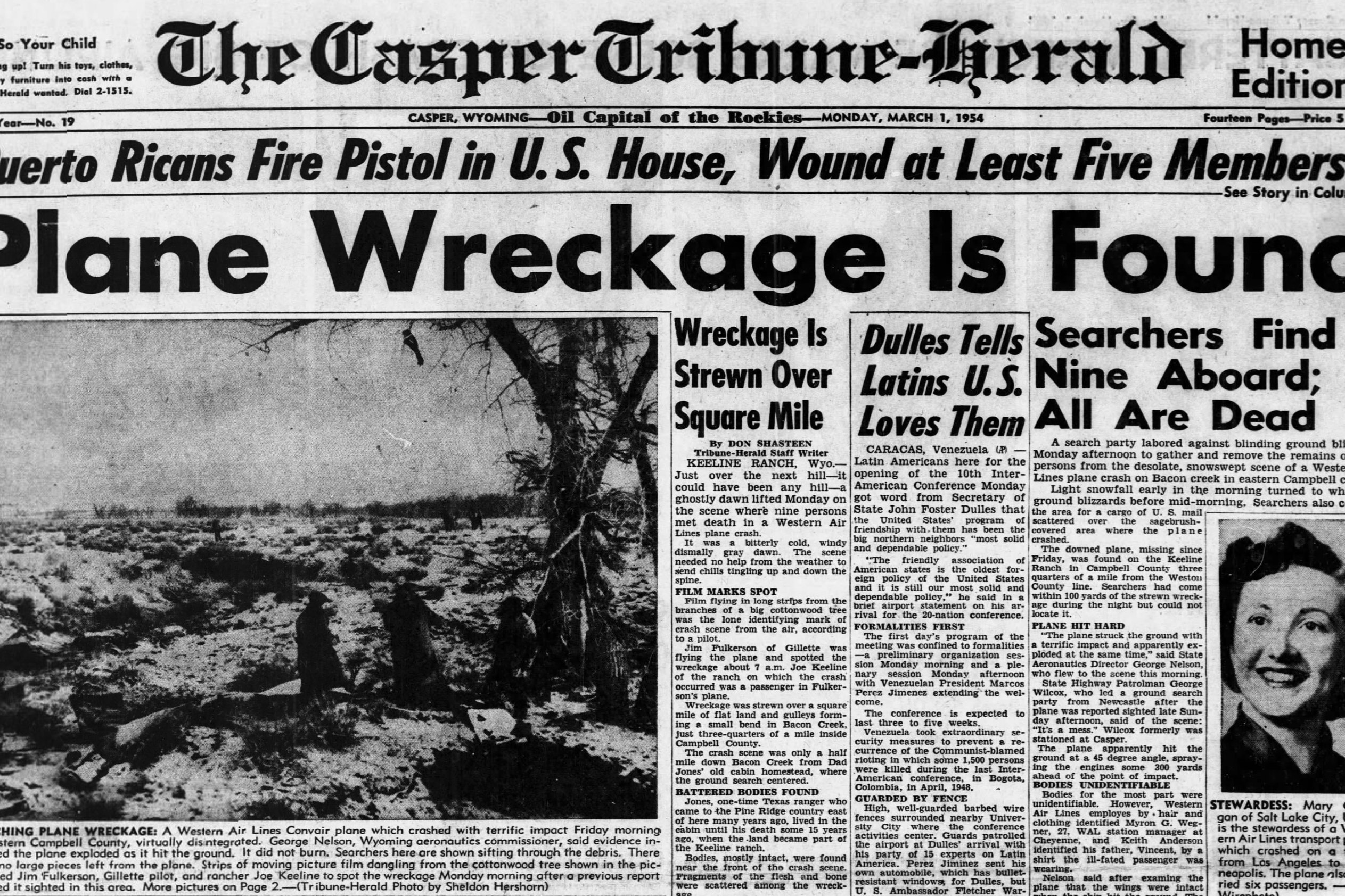 The Casper Tribune-Herald front page reports the tragic plane crash wreckage has been discovered on March 1, 1954.