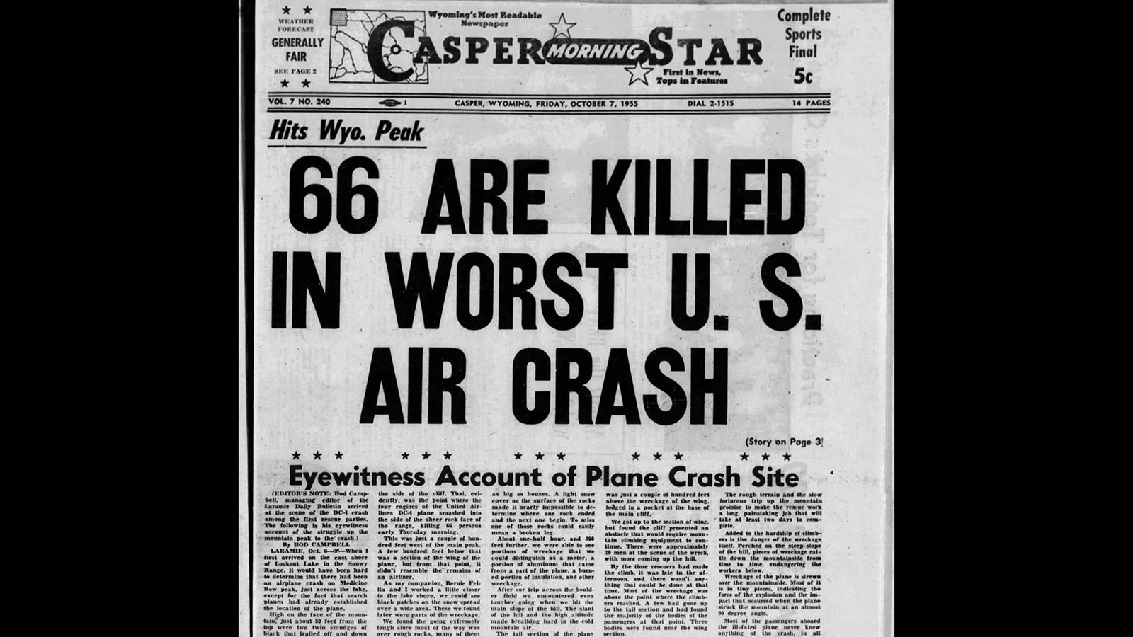 The Casper Morning Star dedicated most of its front page to the plane crash story in its Oct. 7, 1955, edition.