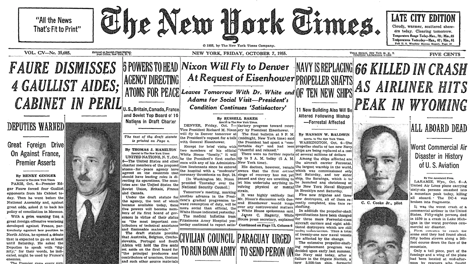 The New York Times made the United Air Lines Flight 409 plane crash its lead story on Oct. 7, 1955.