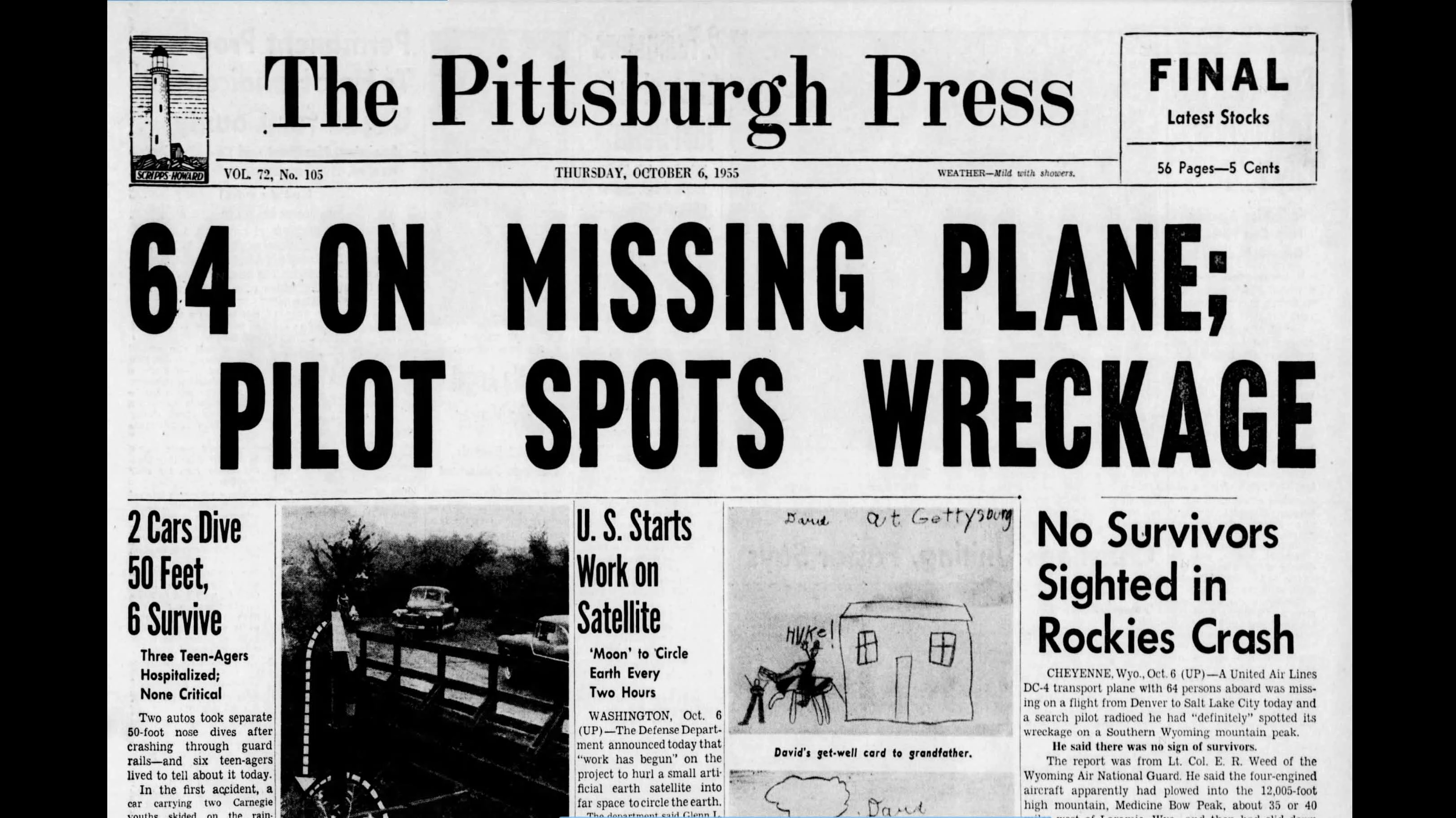 The Pittsburgh Press on Oct. 6, 1955 carried the plane crash story on its front page.
