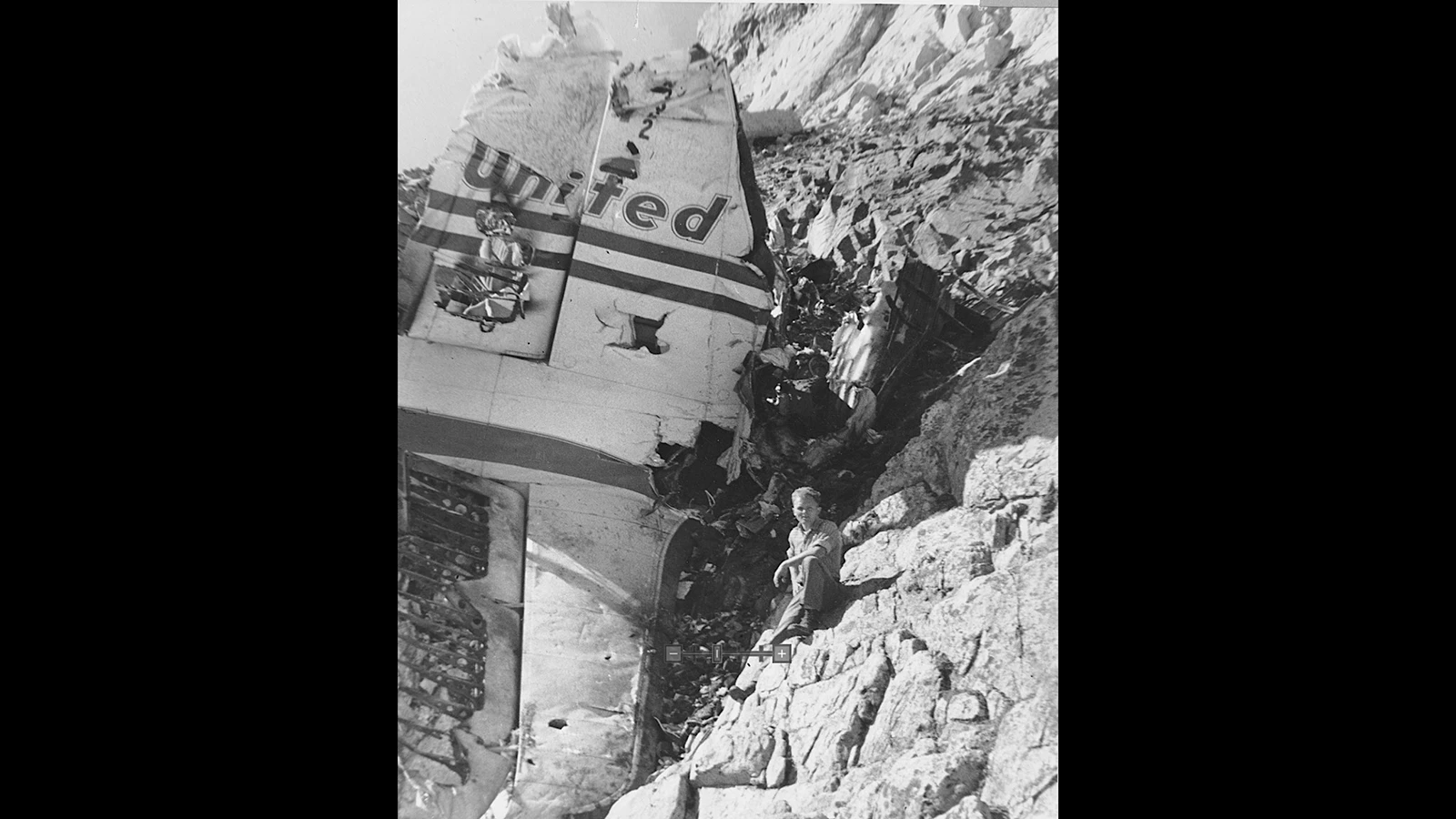 The tail section of United Air Lines Flight 409 after the crash sits near the top of Medicine Bow Peak in 1955.