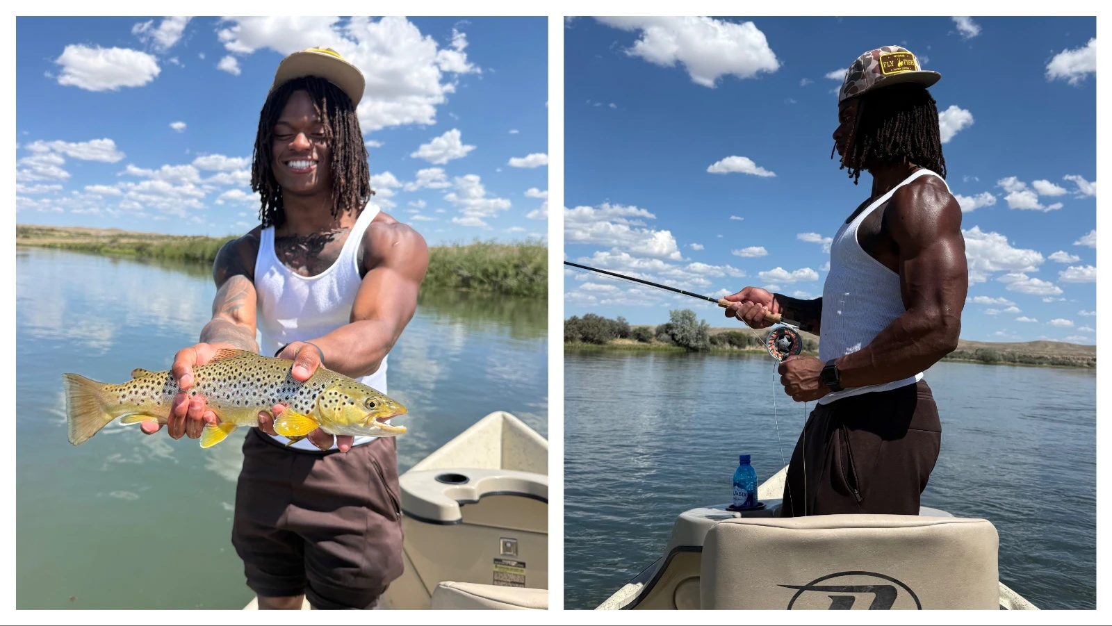 University of Wyoming football player Tote Harris shows off a brown trout he caught. It was Harris' first time fishing.