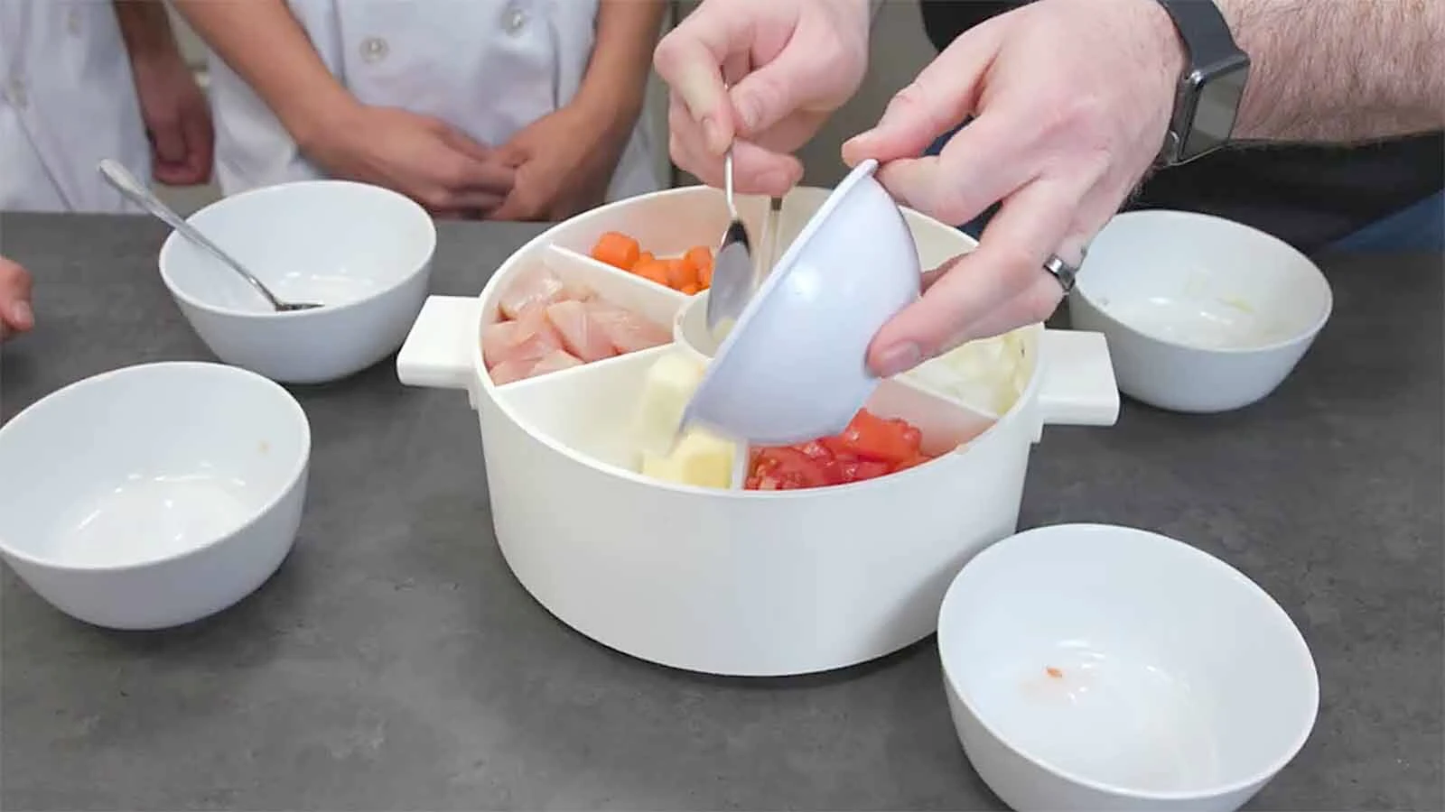 The Foodease can handle recipes with up to six solid incredients and a liquid.