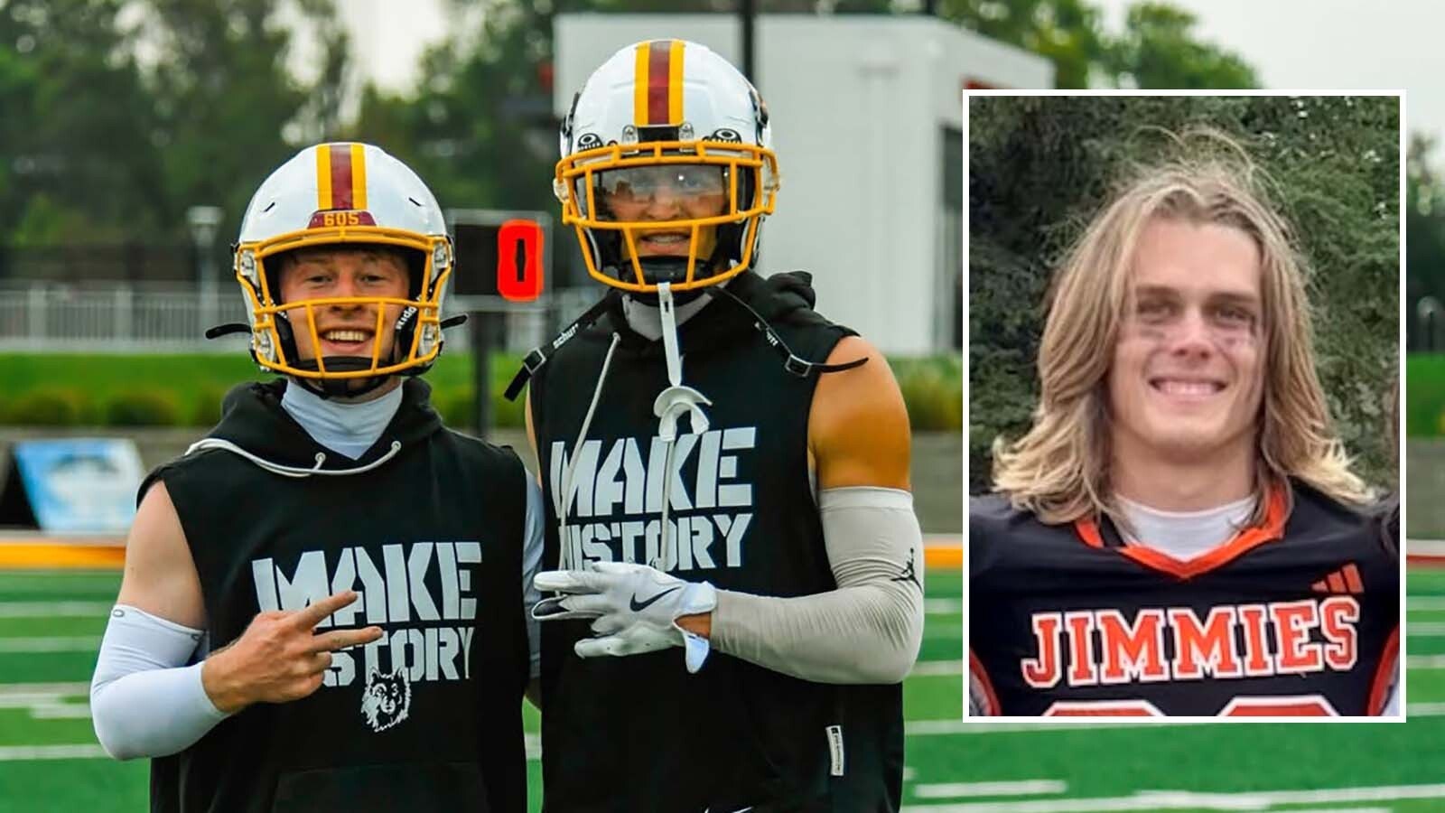 Brock Pedersen and Robert Prescott pose before a game. On Saturday, they'll be playing against longtime friend and teammate Xander Jarosh, inset.