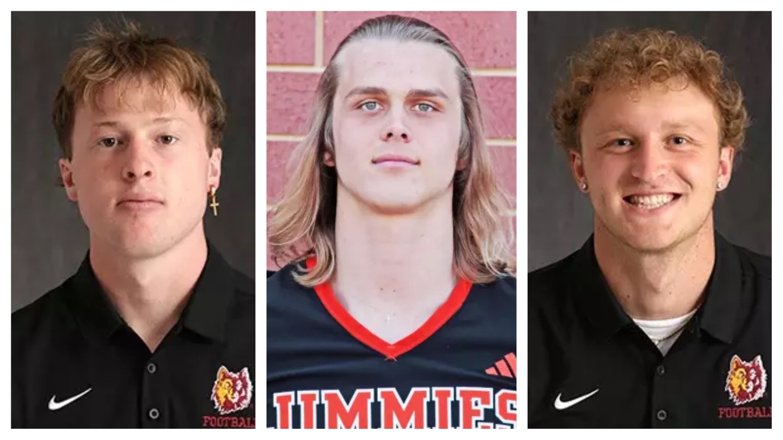 Three former Cheyenne high school buddies and teammates will take to the college football field Saturday as their families reunite to watch in the stands. This time, the former teammates and close friends will be rivals on the field. They are, from left, Brock Peterson, Xander Jarosh, and Richard Prescott.