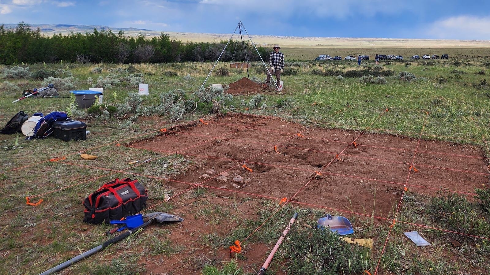 A grid is laid out at the Willow Springs archaeological site. The site is in the Laramie Valley and once may have served as a stagecoach stop on the Overland Trail.